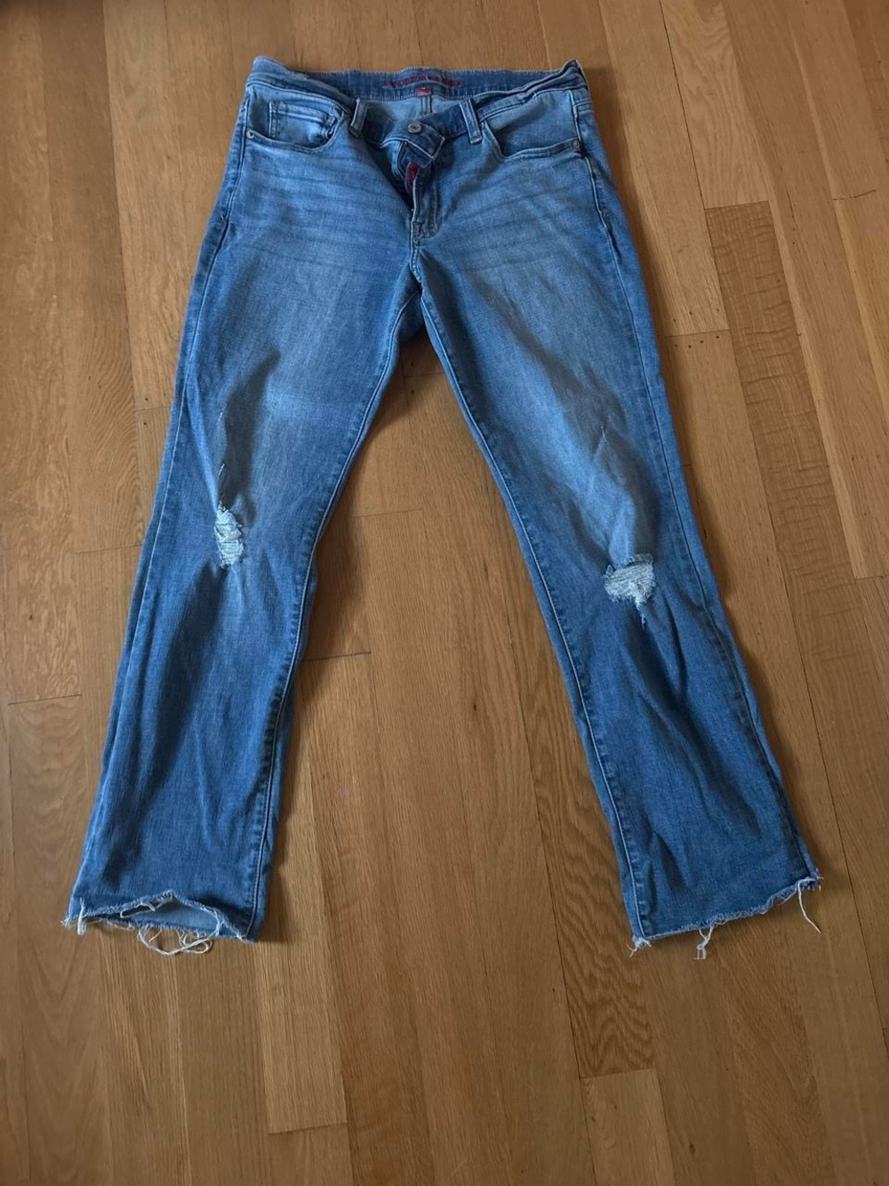 Lucky Brand Blue Flare Jeans with Knee Distress